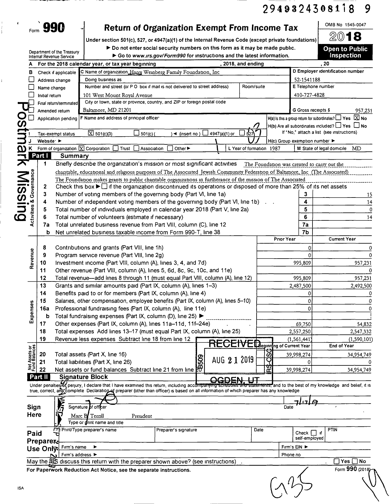 Image of first page of 2018 Form 990 for The Harry and Jeanette Weinberg Foundation