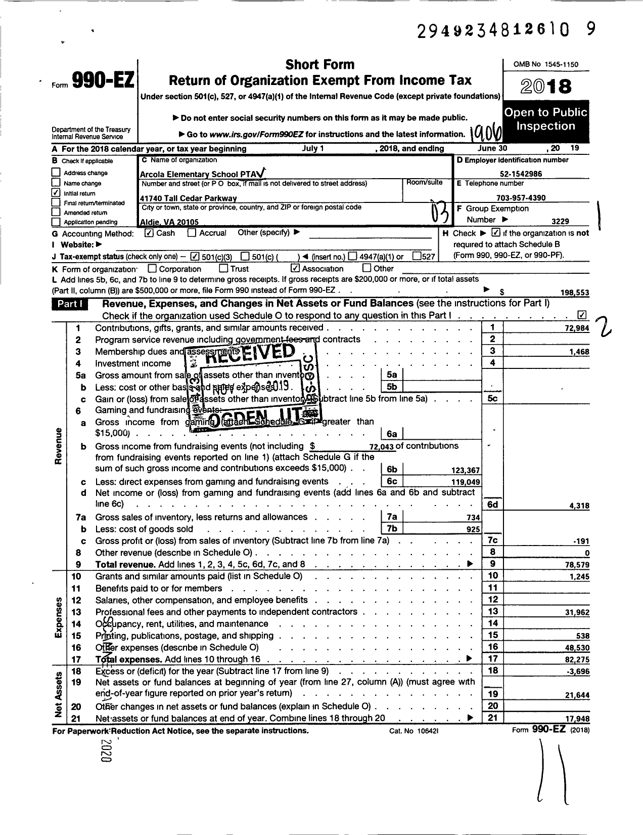 Image of first page of 2018 Form 990EZ for Virginia PTA - Arcola Elem PTA