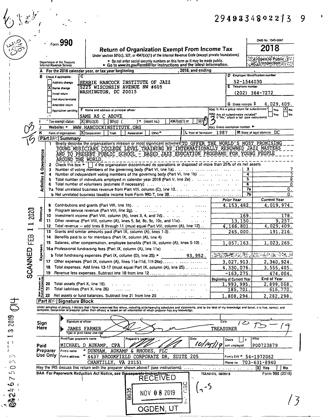 Image of first page of 2018 Form 990 for Herbie Hancock Institute of Jazz