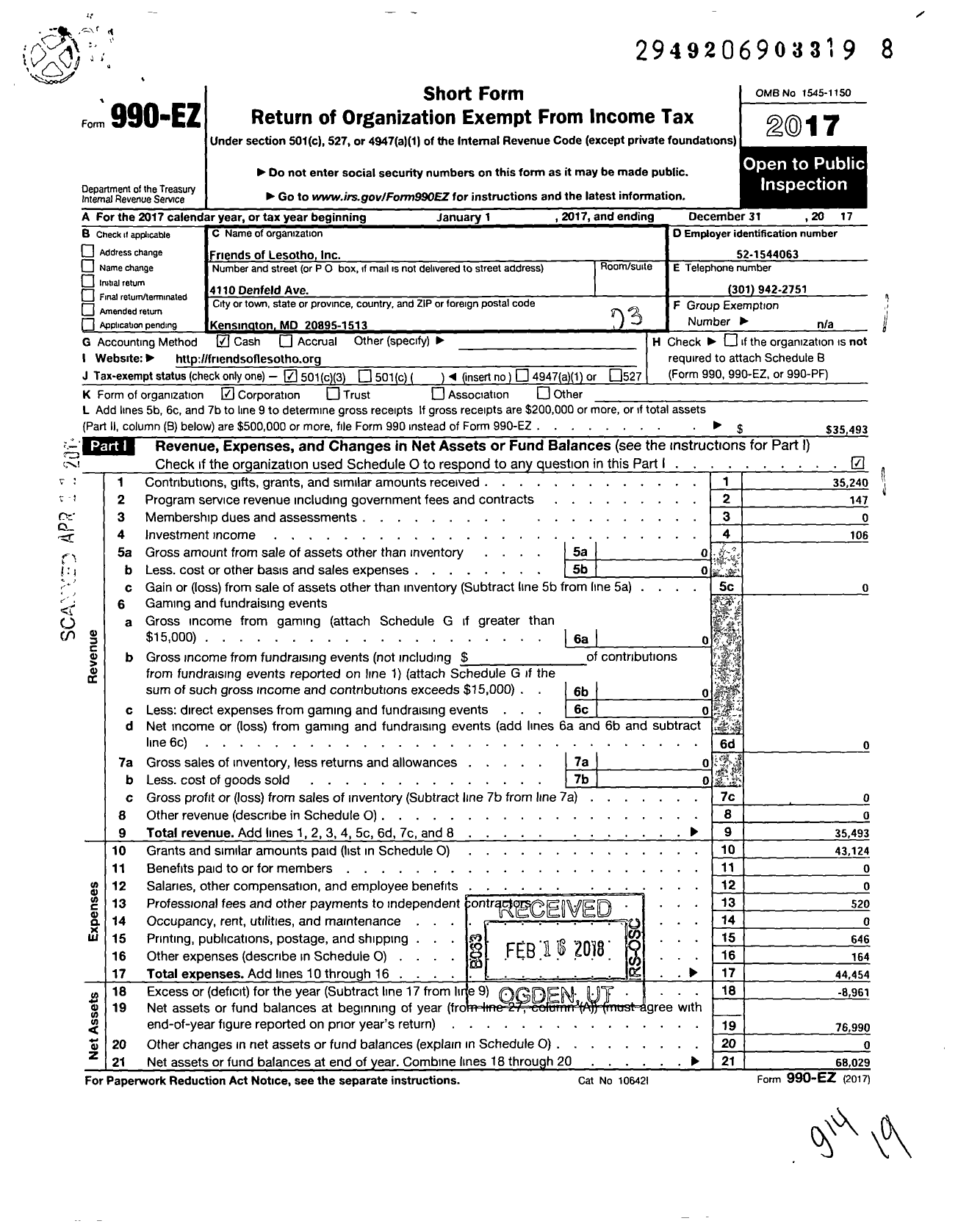 Image of first page of 2017 Form 990EZ for Friends of Lesotho