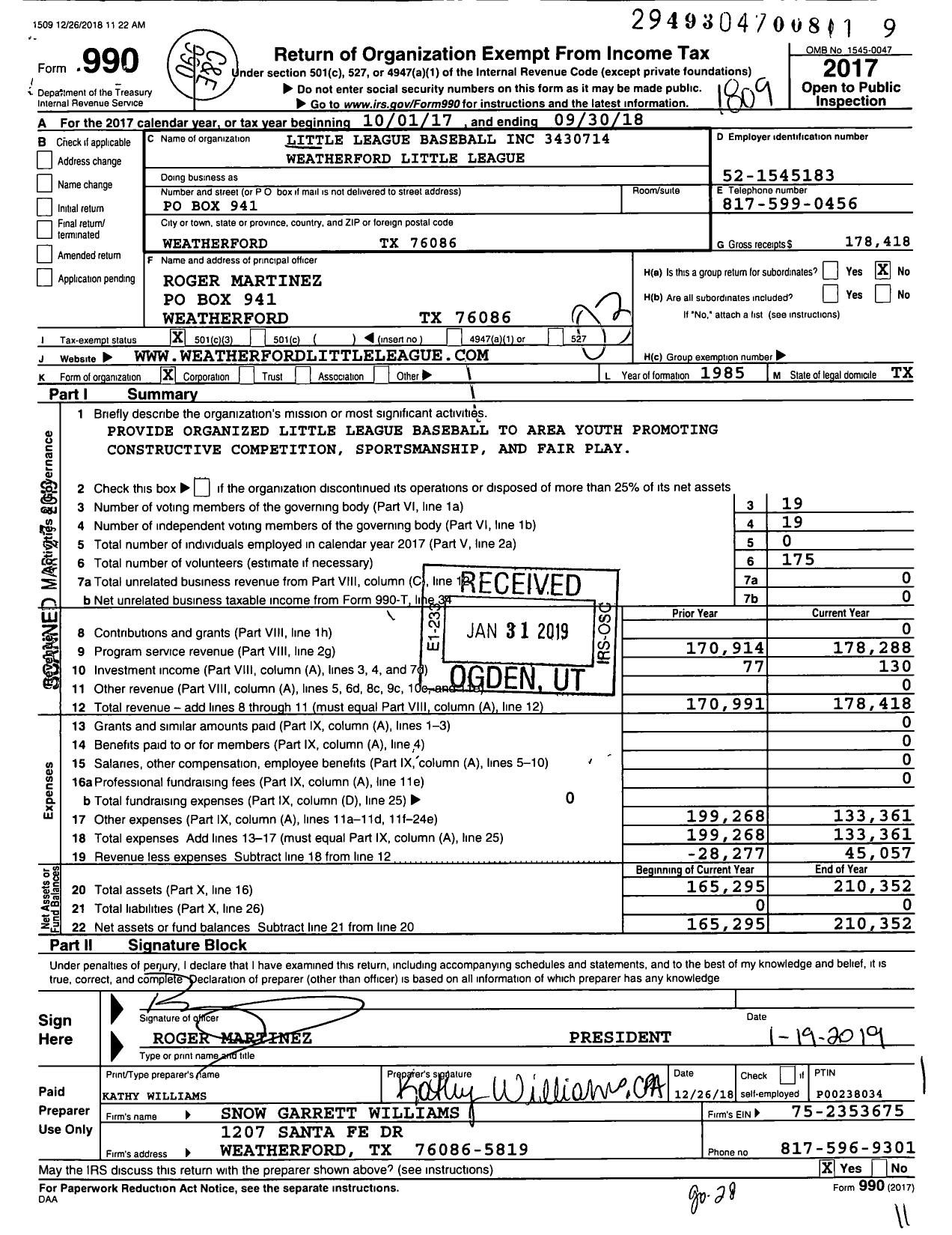 Image of first page of 2017 Form 990 for Little League Baseball - Weatheford Little League