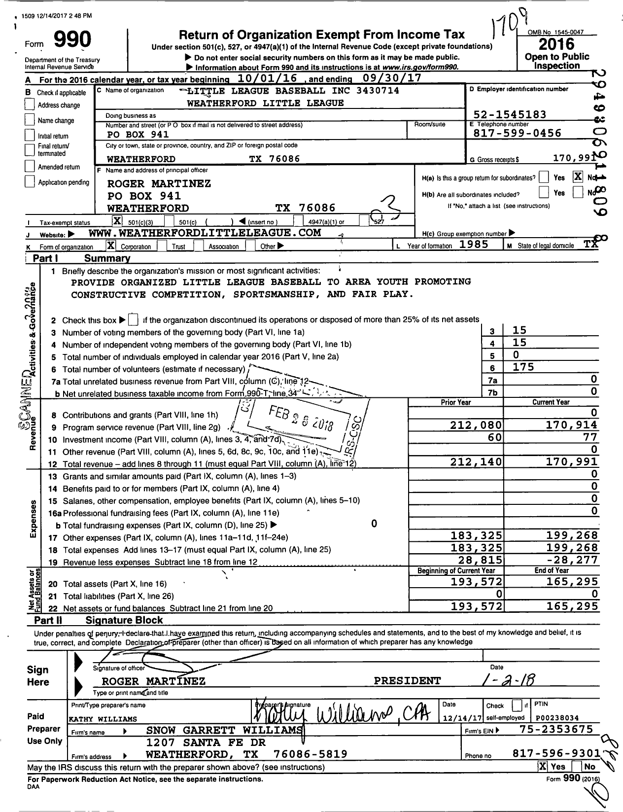 Image of first page of 2016 Form 990 for Little League Baseball - Weatheford Little League