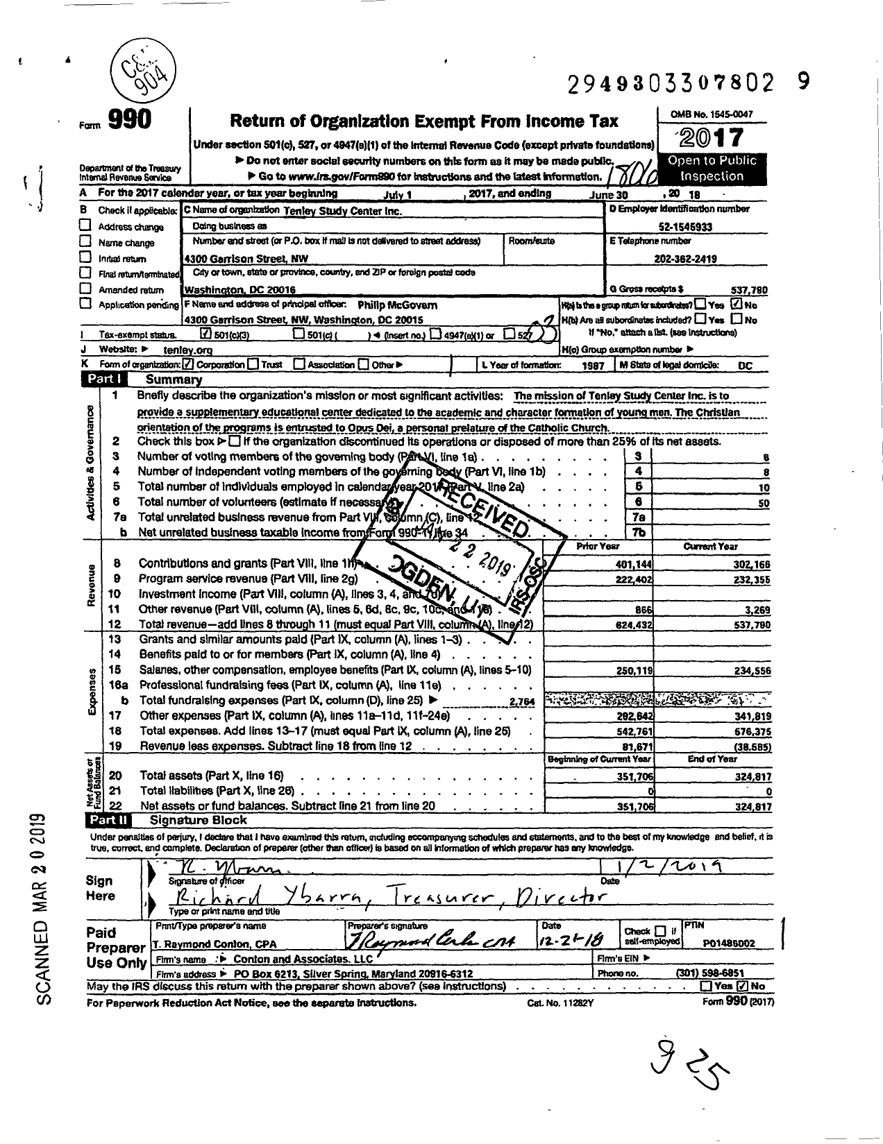 Image of first page of 2017 Form 990 for Tenley Study Center