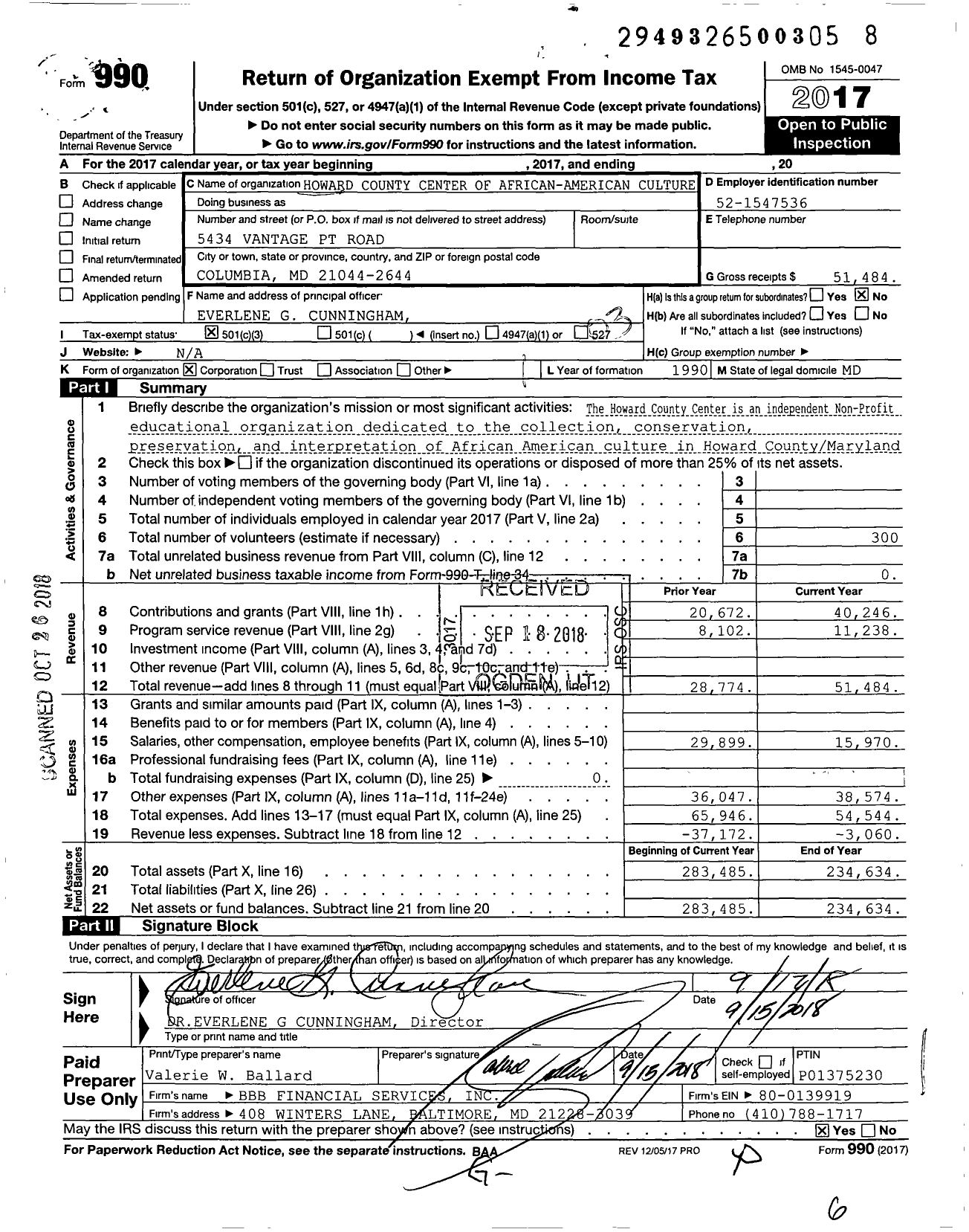 Image of first page of 2017 Form 990 for Howard County Center of African American Culture