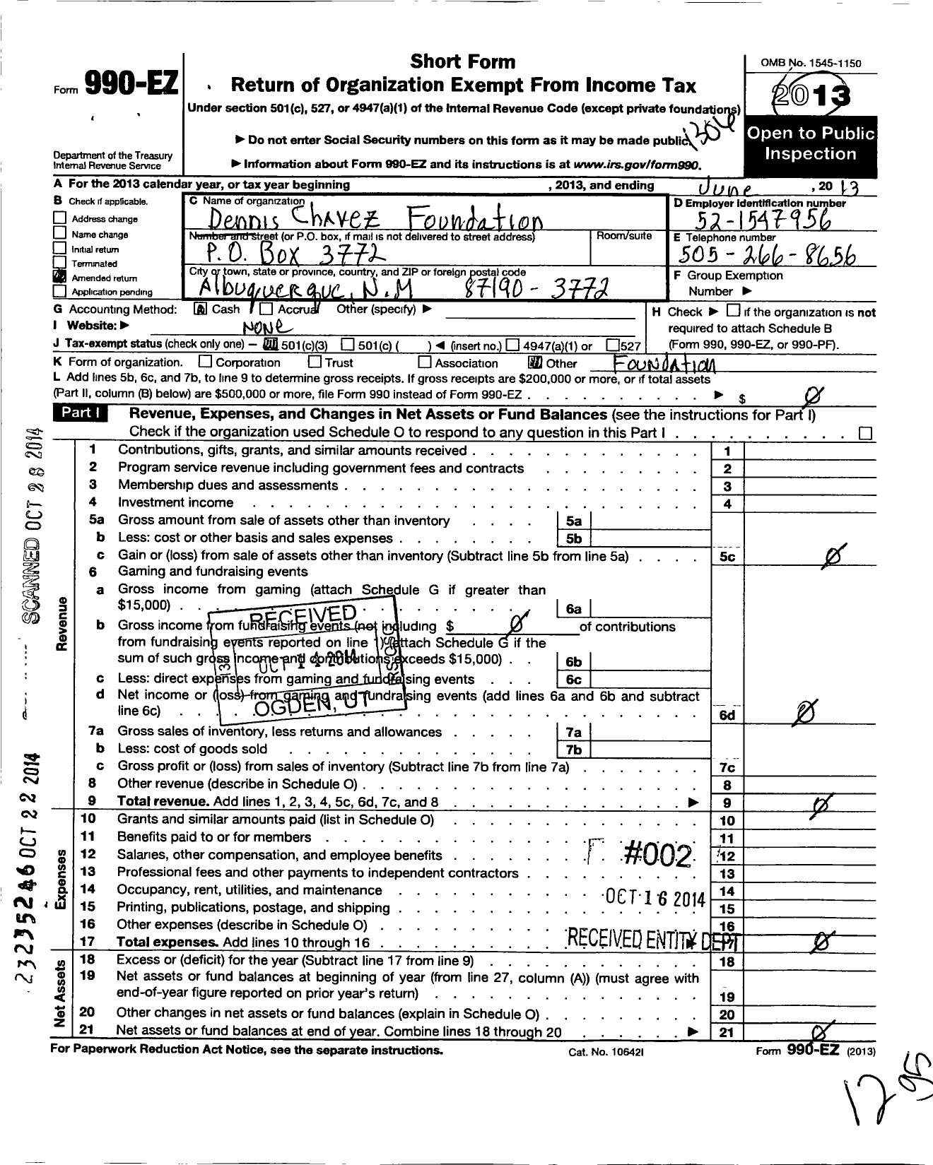 Image of first page of 2012 Form 990EZ for The Dennis Chavez Foundation