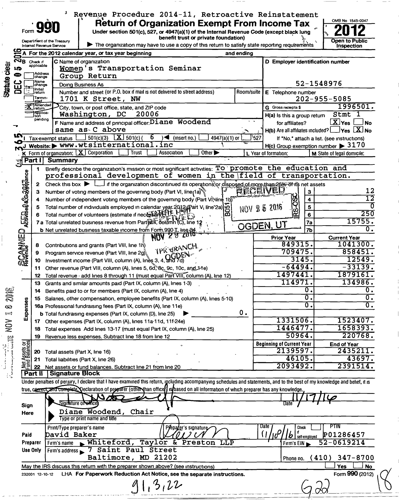 Image of first page of 2012 Form 990O for Womens Transportation Seminar Group Return