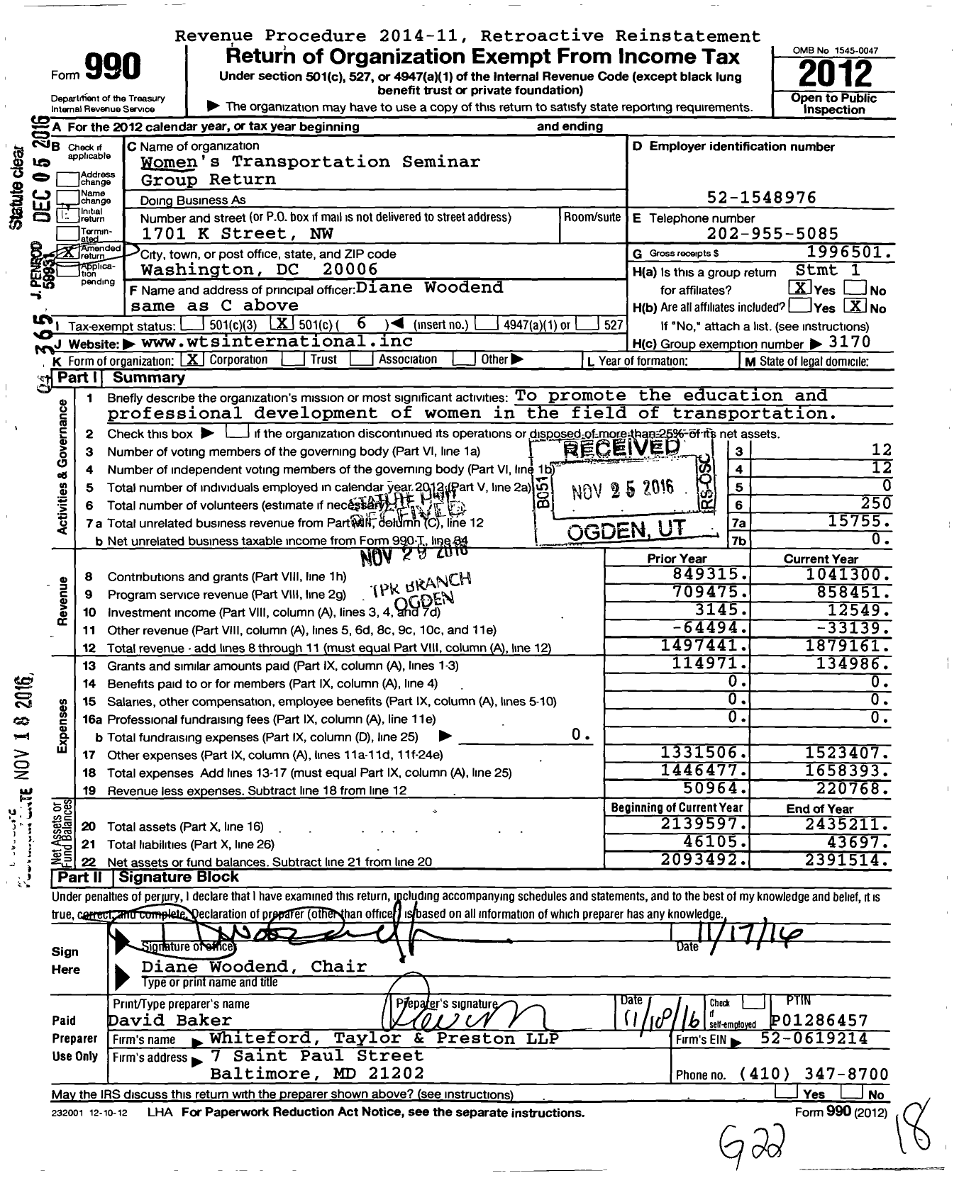 Image of first page of 2012 Form 990O for Womens Transportation Seminar Group Return