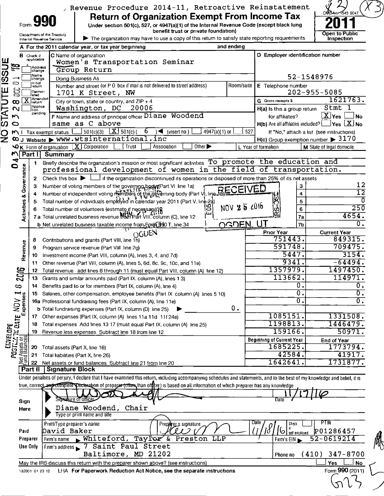 Image of first page of 2011 Form 990O for Womens Transportation Seminar Group Return