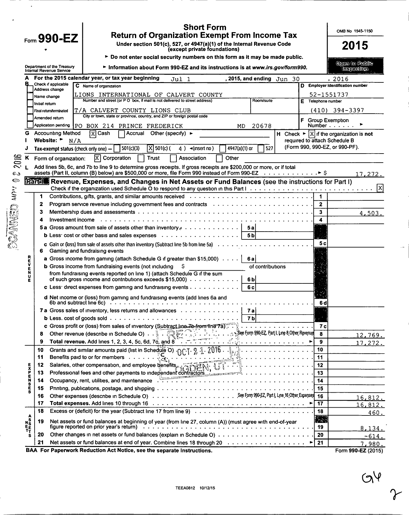 Image of first page of 2015 Form 990EO for Lions Clubs - Calvert County