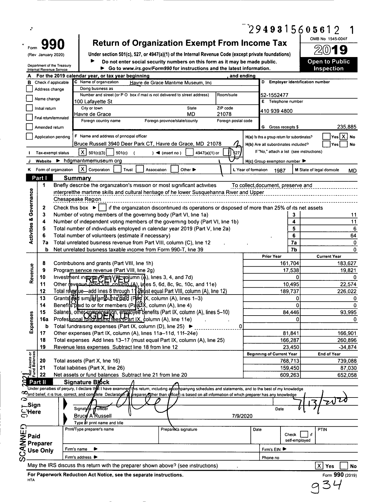 Image of first page of 2019 Form 990 for Havre de Grace Maritime Museum