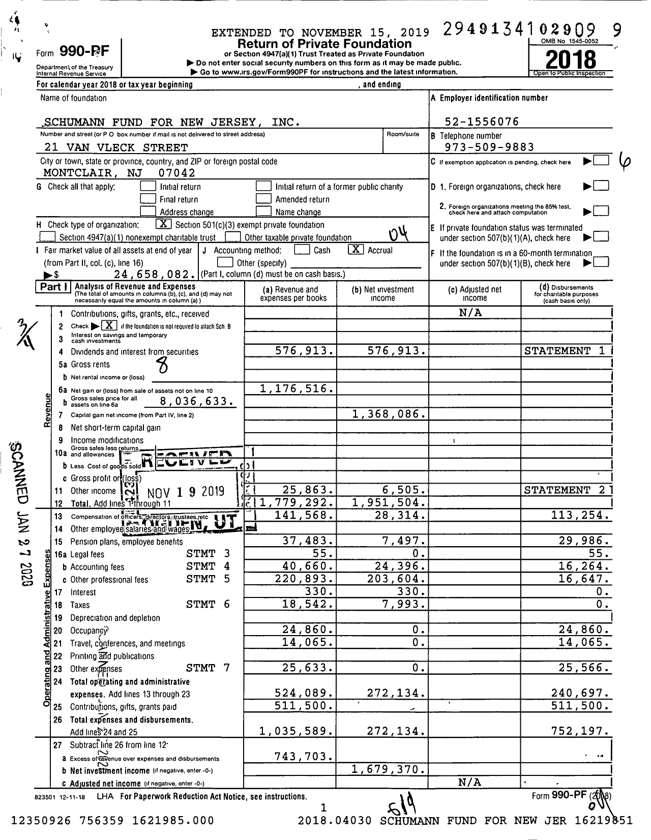 Image of first page of 2018 Form 990PF for Schumann Fund for New Jersey