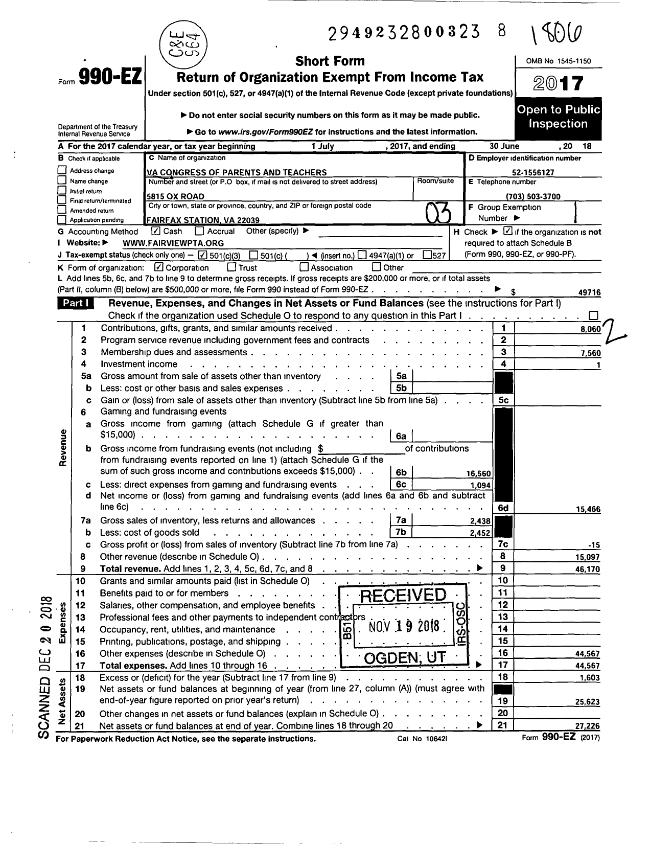 Image of first page of 2017 Form 990EZ for Virginia PTA - Fairview Elementary School PTA