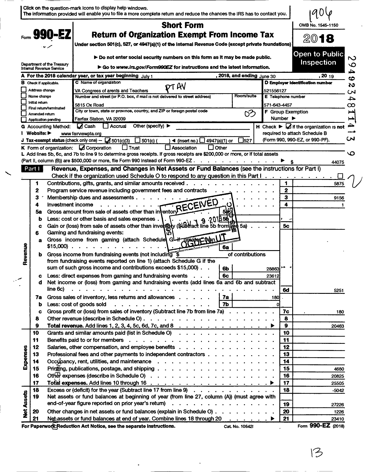 Image of first page of 2018 Form 990EZ for Virginia PTA - Fairview Elementary School PTA