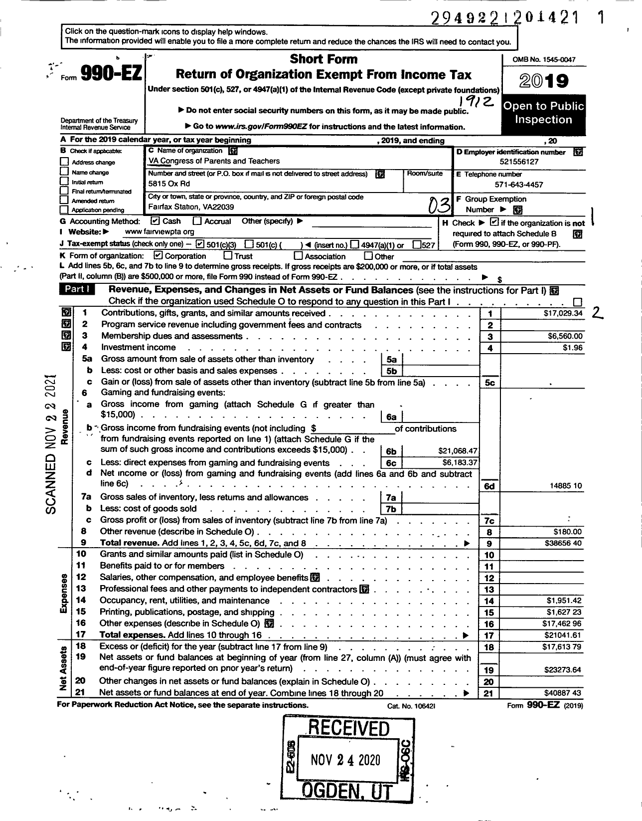 Image of first page of 2019 Form 990EZ for Virginia PTA - Fairview Elementary School PTA