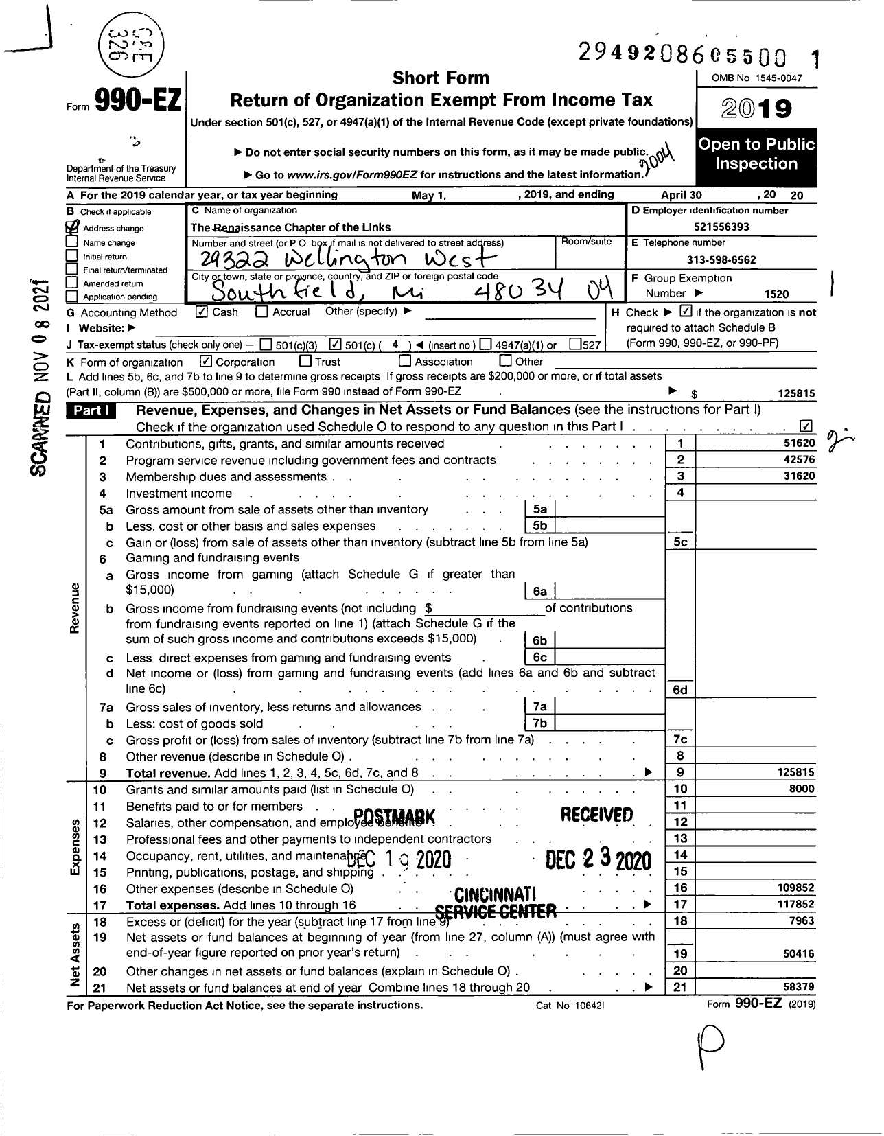 Image of first page of 2019 Form 990EO for The Renaissance Chapter of the Links