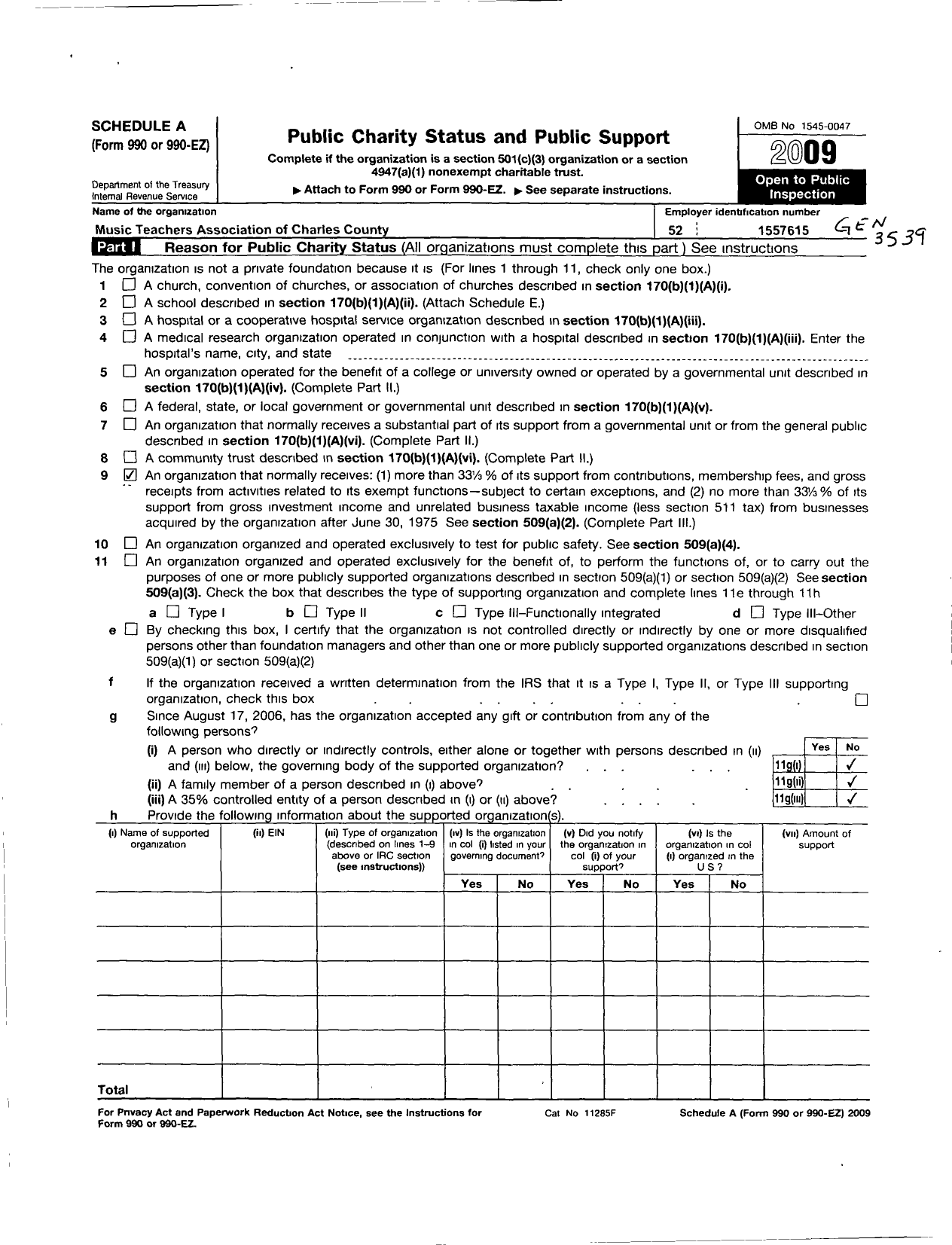 Image of first page of 2009 Form 990ER for Music Teachers National Association / Mta Charles County