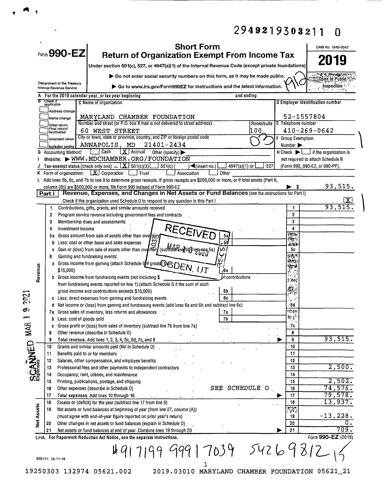 Image of first page of 2019 Form 990EZ for Maryland Chamber Foundation