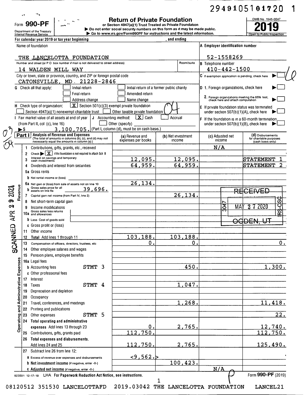 Image of first page of 2019 Form 990PF for The Lancelotta Foundation