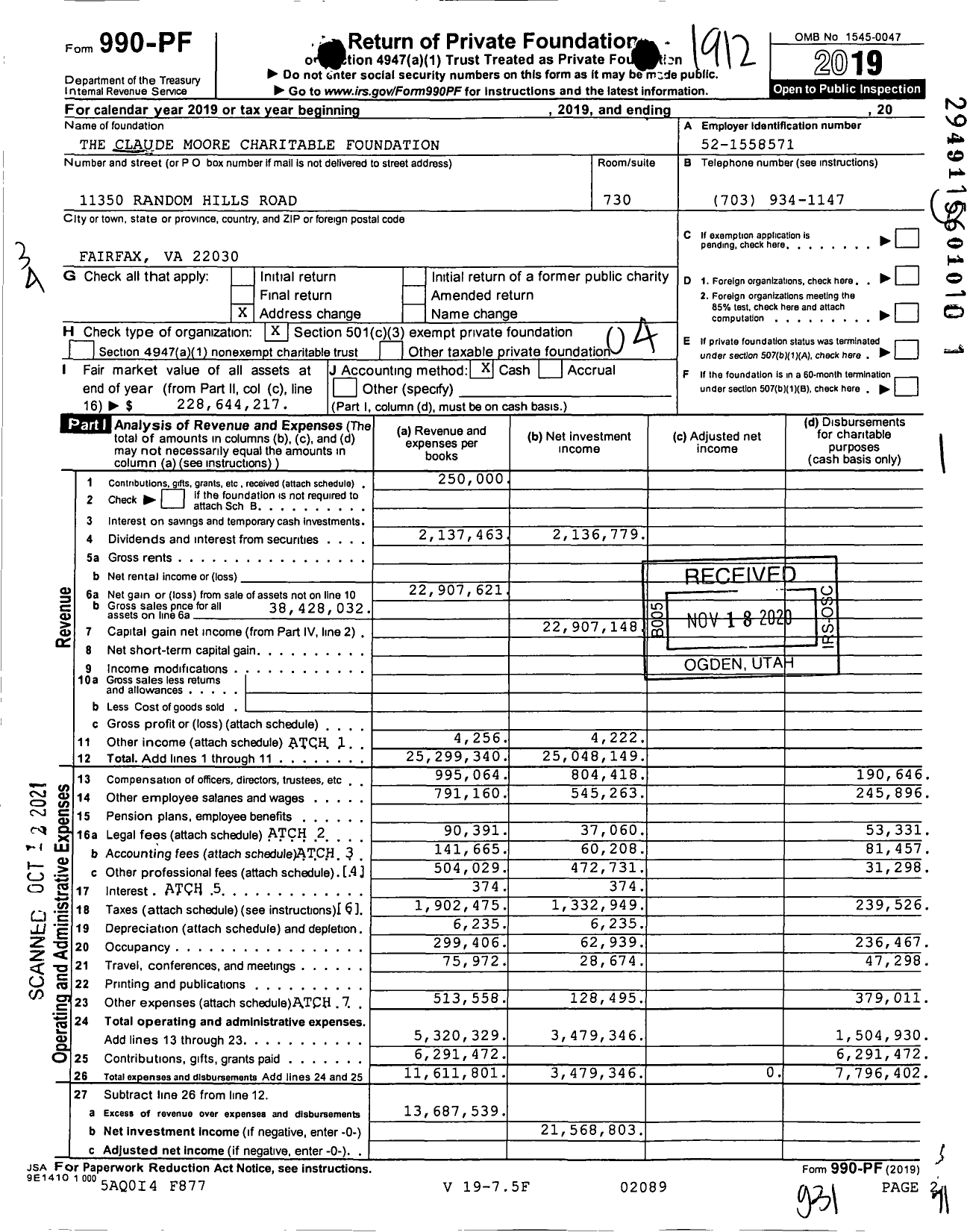 Image of first page of 2019 Form 990PF for Claude Moore Charitable Foundation