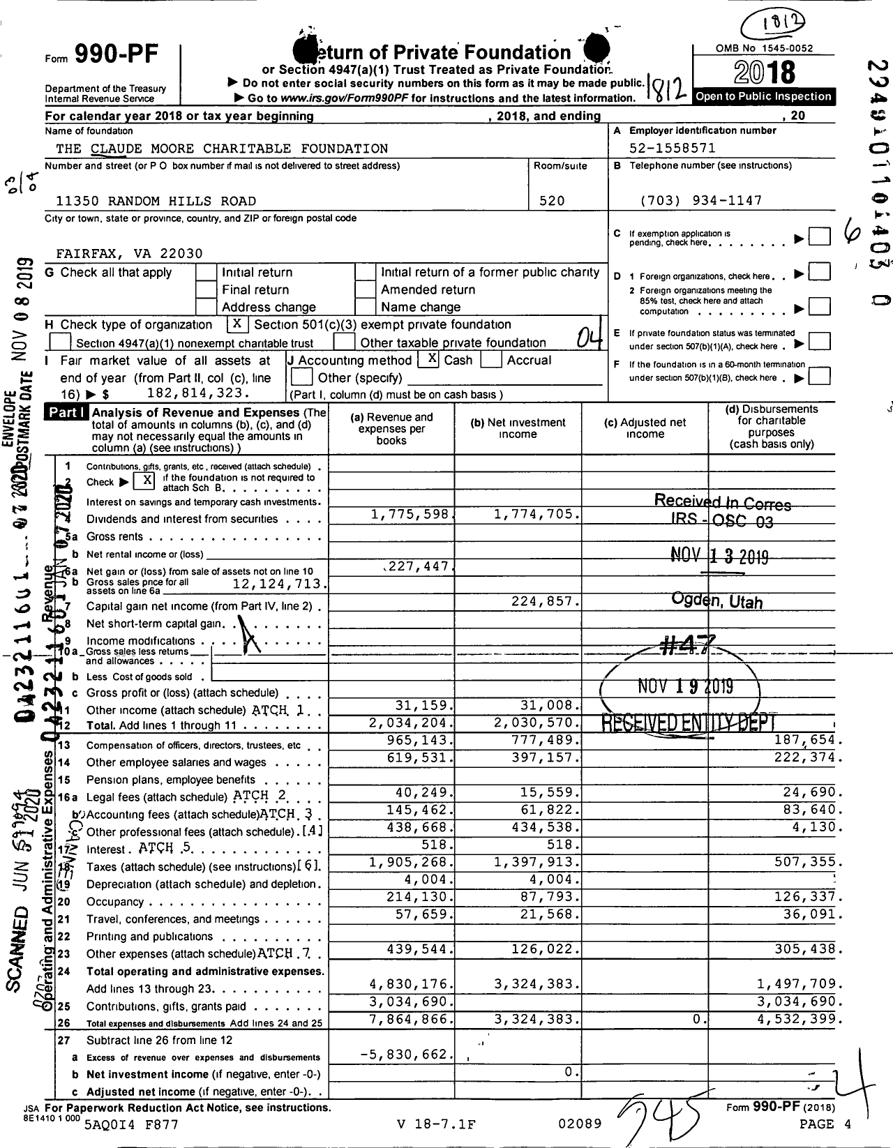 Image of first page of 2018 Form 990PR for Claude Moore Charitable Foundation