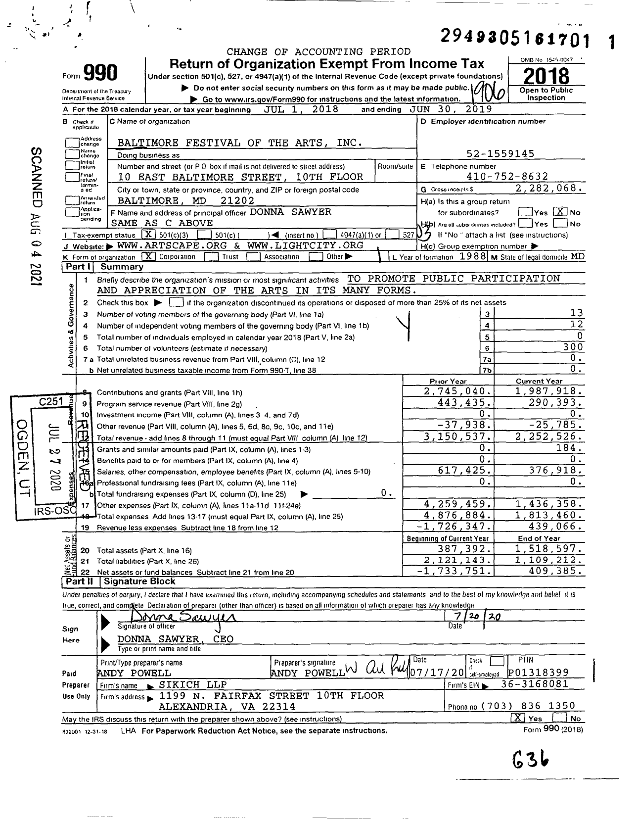 Image of first page of 2018 Form 990 for Baltimore Festival of the Arts