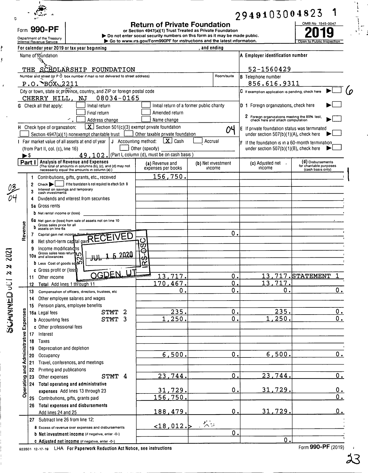 Image of first page of 2019 Form 990PF for The Scholarship Foundation