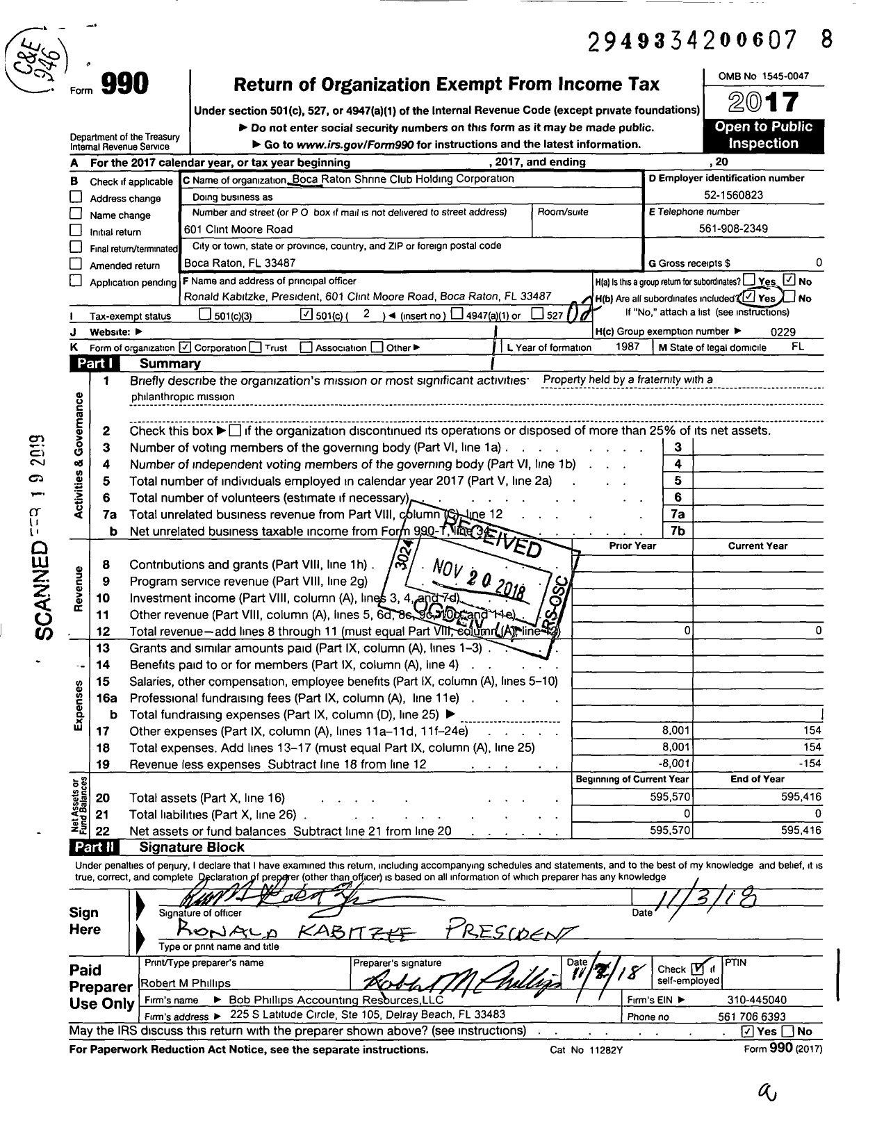 Image of first page of 2017 Form 990O for Boca Raton Shrine Club Holding Corporation