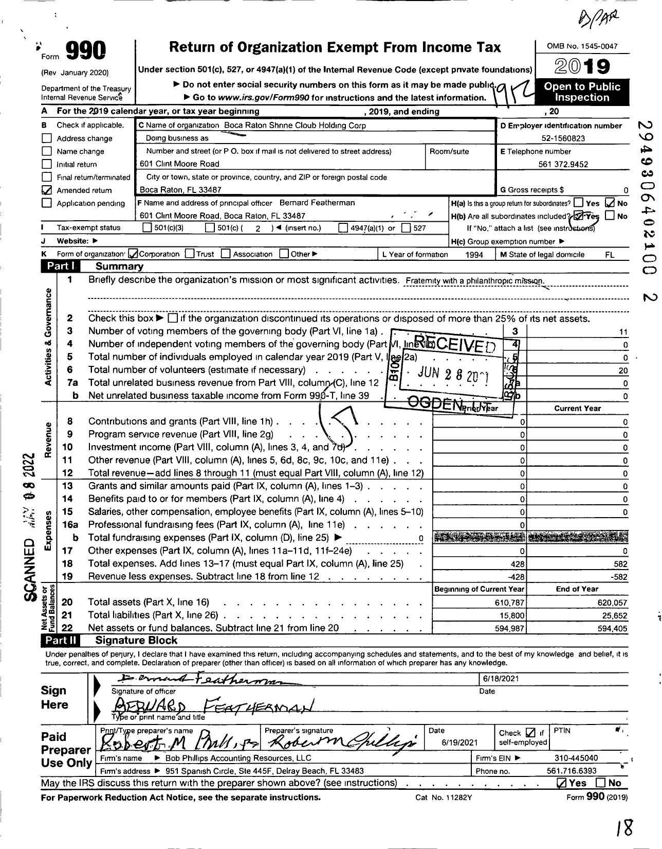 Image of first page of 2019 Form 990O for Boca Raton Shrine Club Holding Corporation