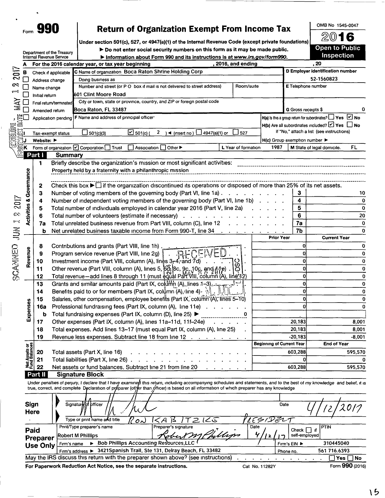 Image of first page of 2016 Form 990O for Boca Raton Shrine Club Holding Corporation