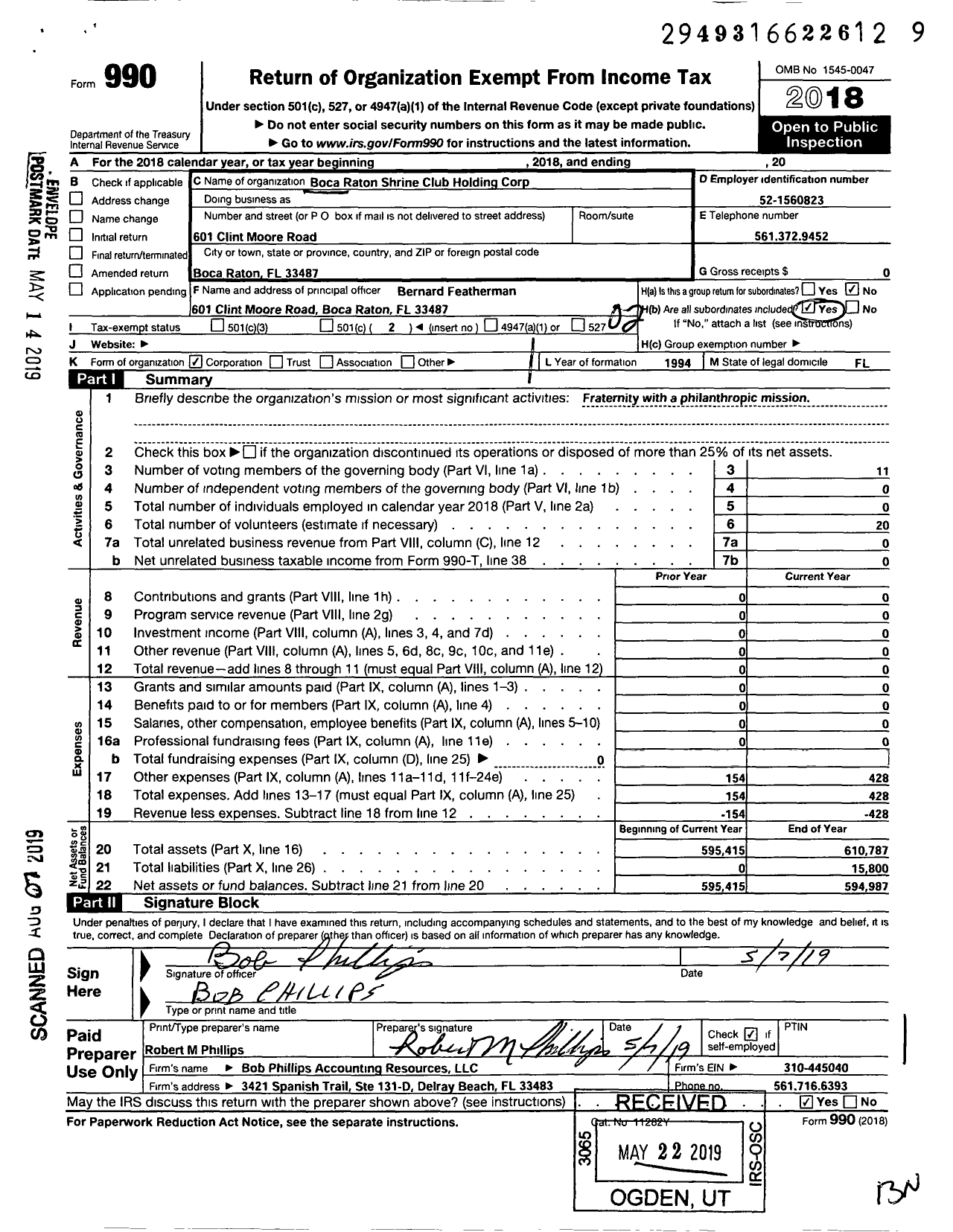 Image of first page of 2018 Form 990O for Boca Raton Shrine Club Holding Corporation