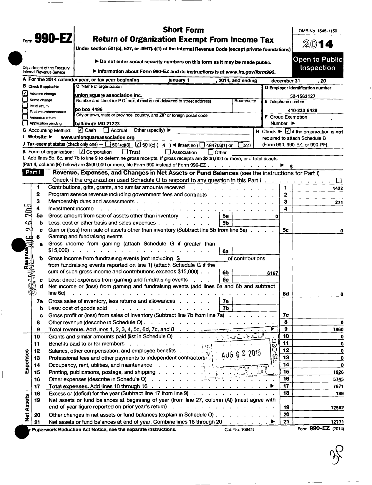 Image of first page of 2014 Form 990EO for Union Square Association