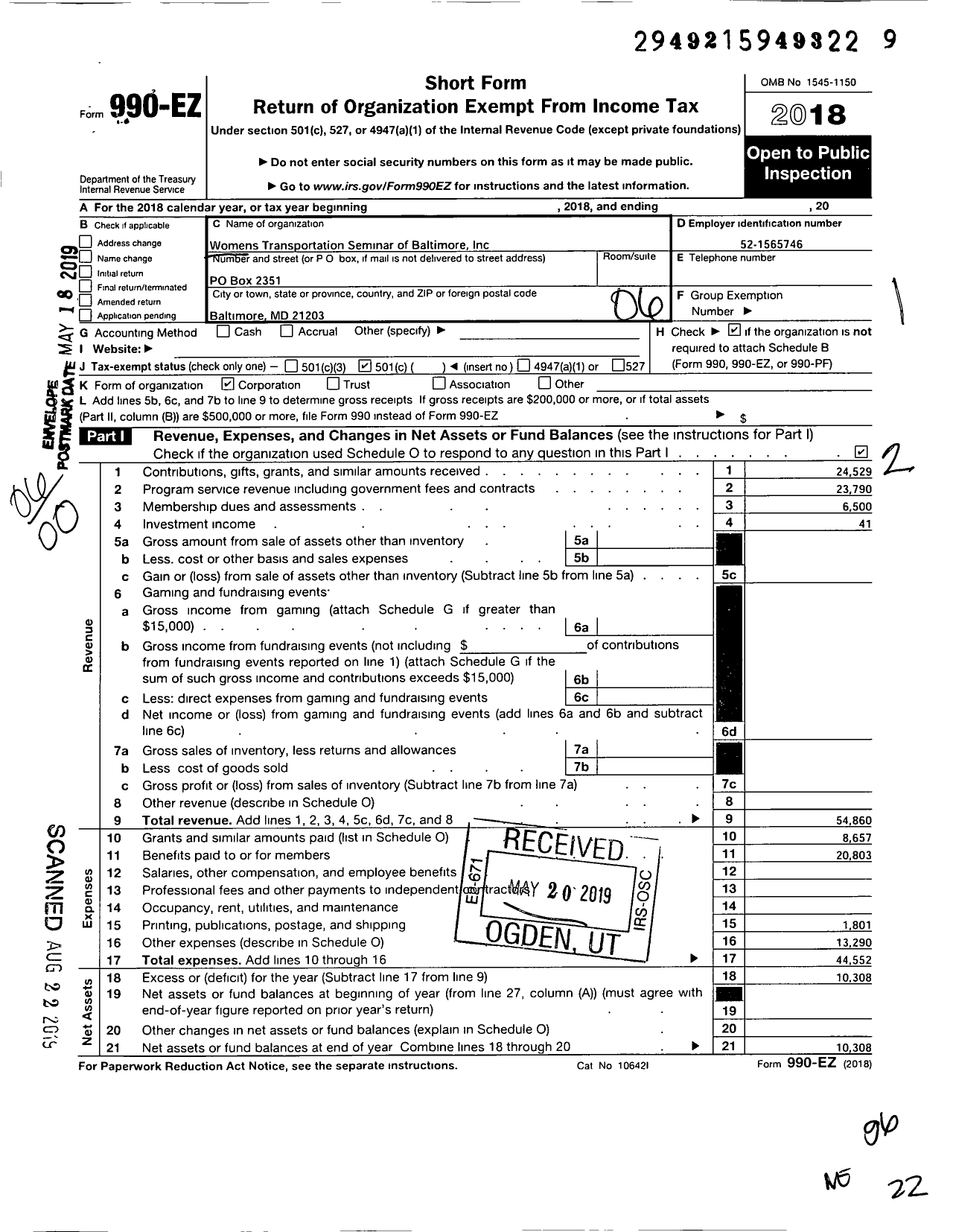 Image of first page of 2018 Form 990EO for Womens Transportation Seminar of Baltimore