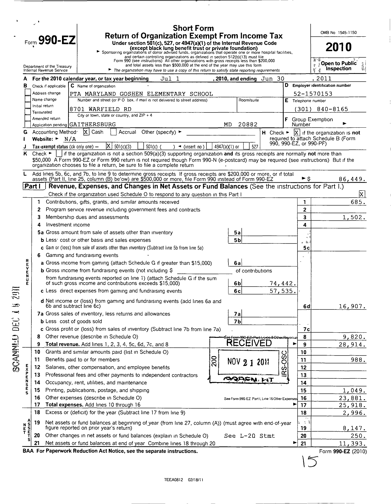 Image of first page of 2010 Form 990EZ for PTA Maryland Congress of Parent and Teachers / Goshen Elementary School PTA