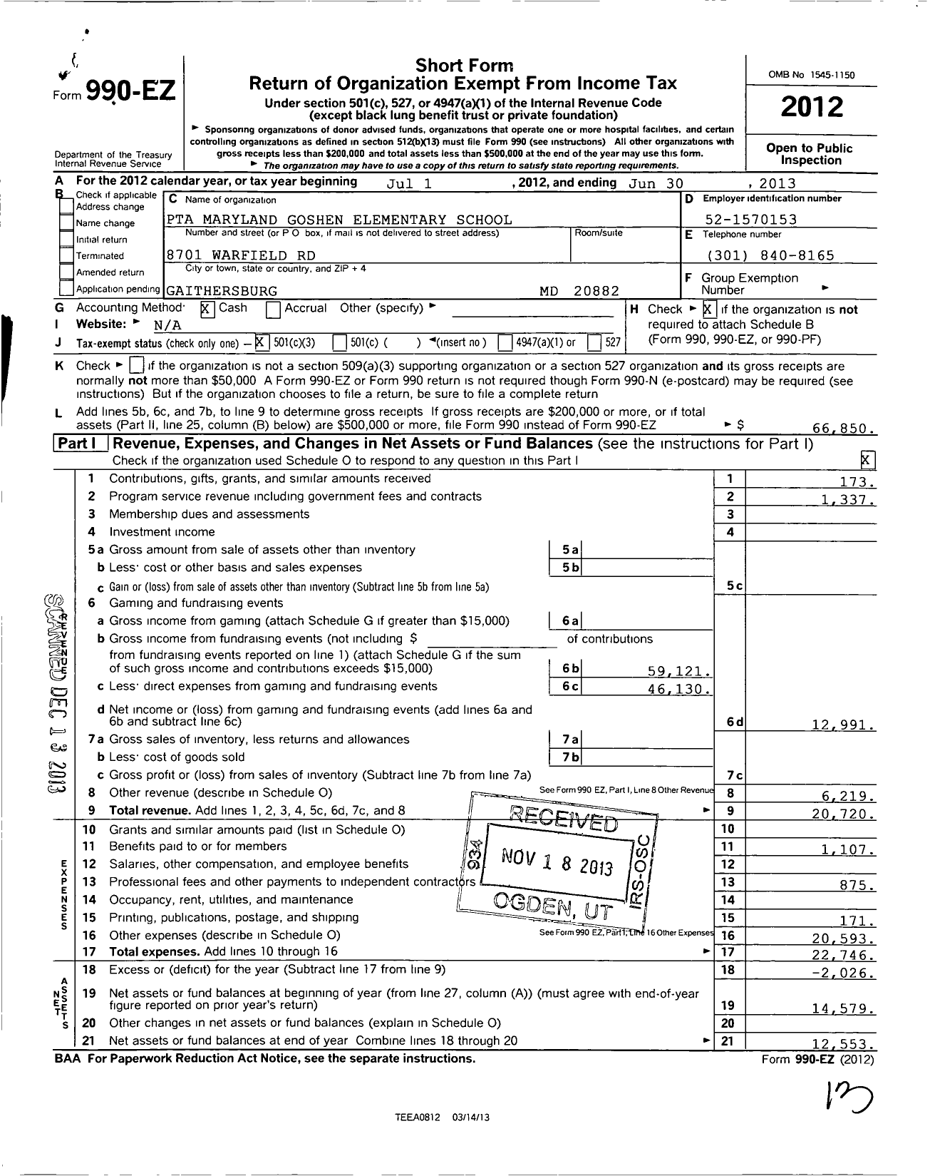 Image of first page of 2012 Form 990EZ for PTA Maryland Congress of Parent and Teachers / Goshen Elementary School PTA