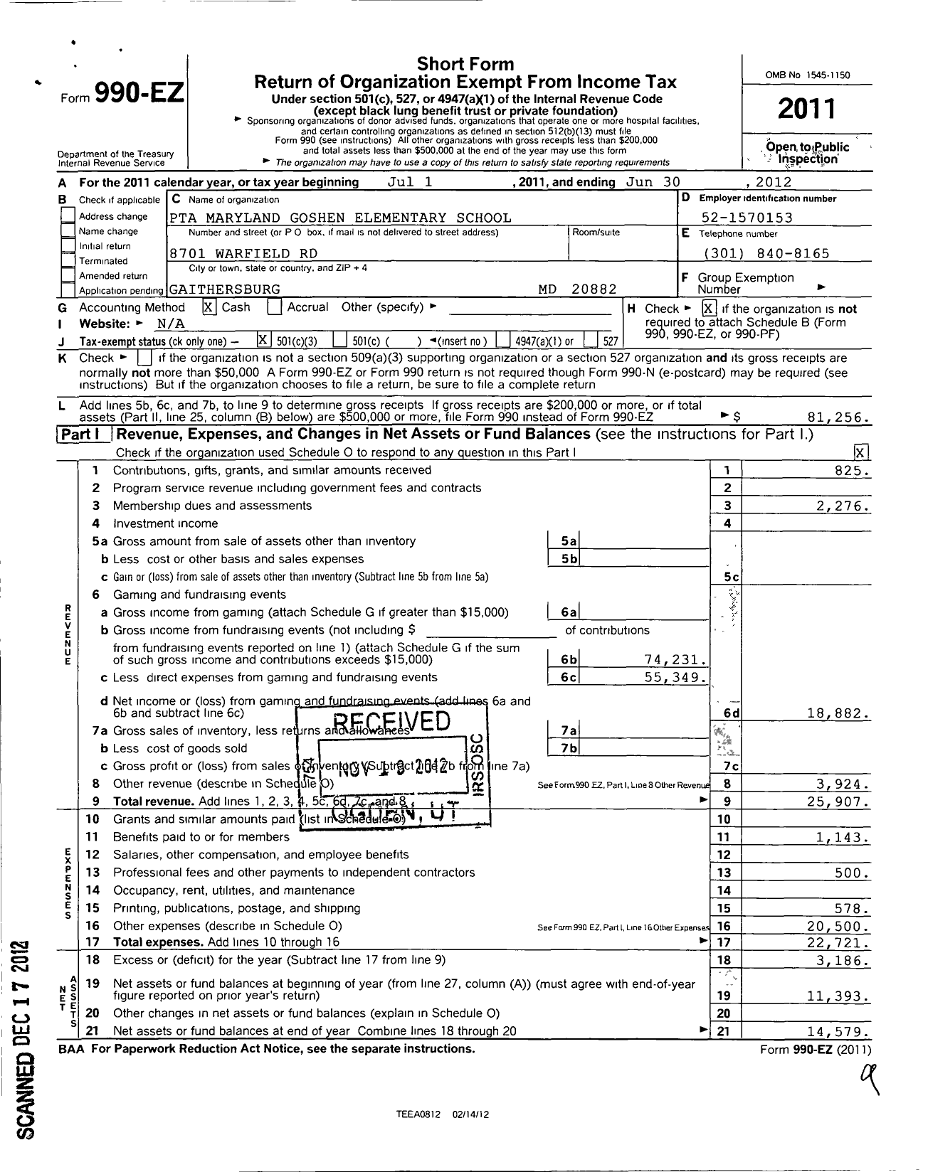 Image of first page of 2011 Form 990EZ for PTA Maryland Congress of Parent and Teachers / Goshen Elementary School PTA