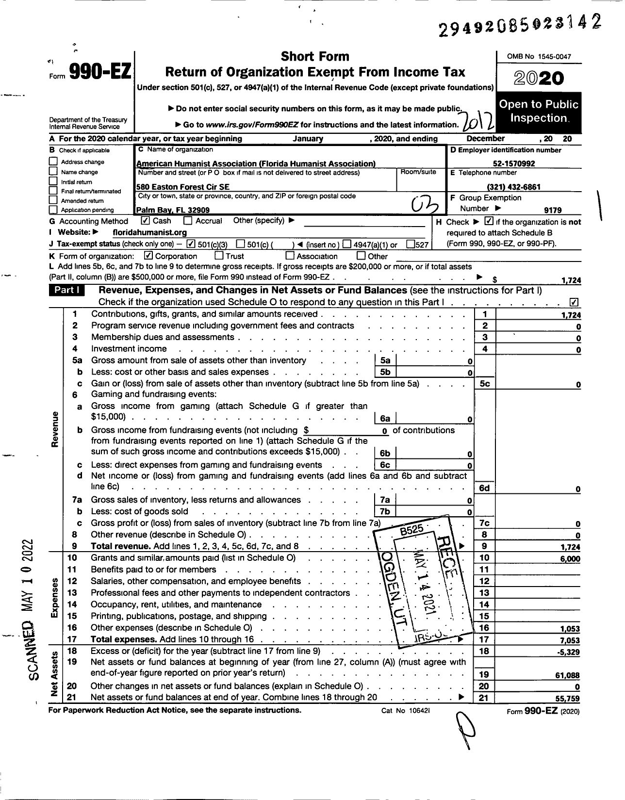 Image of first page of 2020 Form 990EZ for American Humanist Association