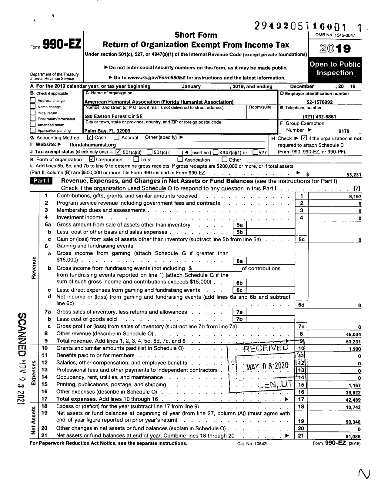 Image of first page of 2019 Form 990EZ for American Humanist Association