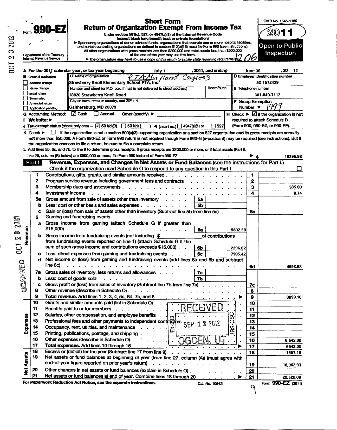 Image of first page of 2011 Form 990EZ for PTA Delaware Congress / Strawberry Knoll PTA Inc