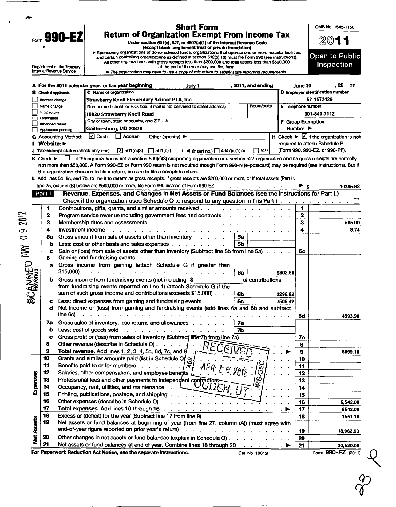 Image of first page of 2011 Form 990EZ for PTA Delaware Congress / Strawberry Knoll PTA Inc