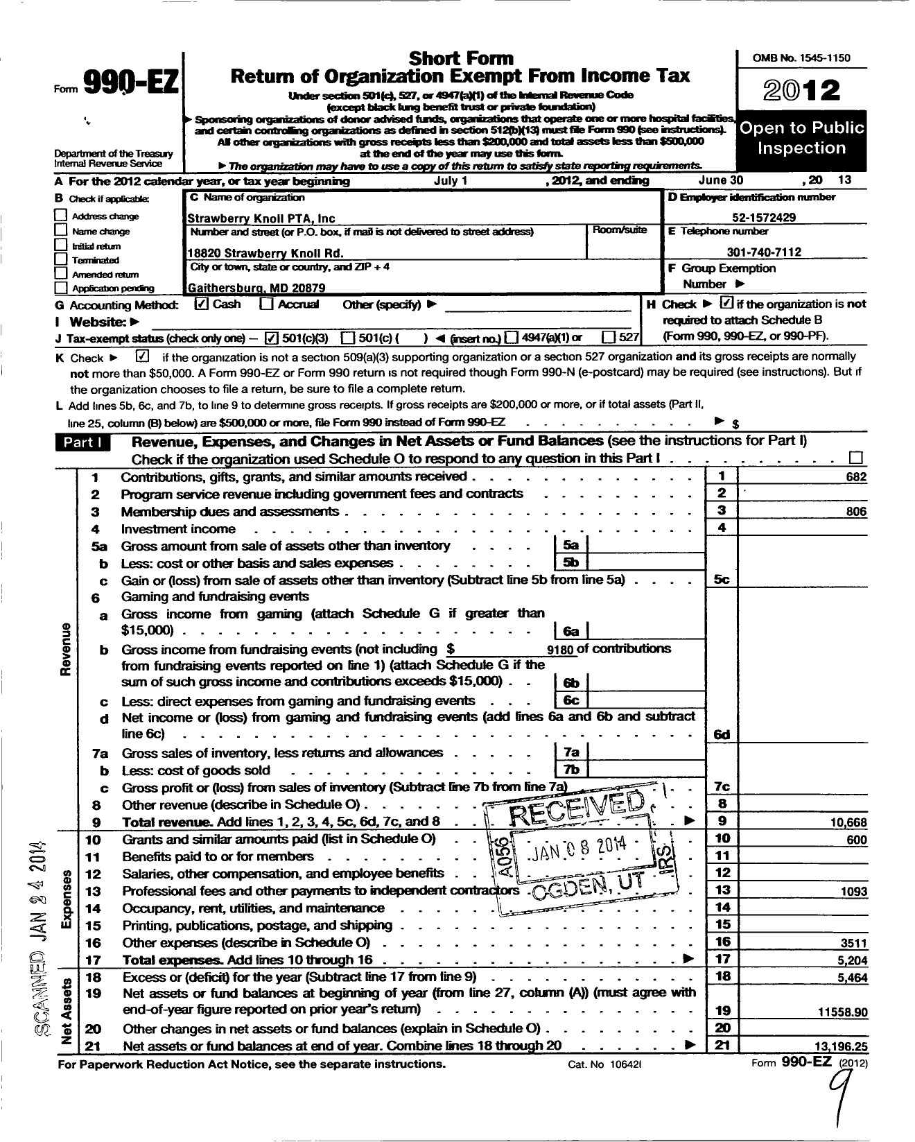 Image of first page of 2012 Form 990EZ for PTA Delaware Congress / Strawberry Knoll PTA Inc