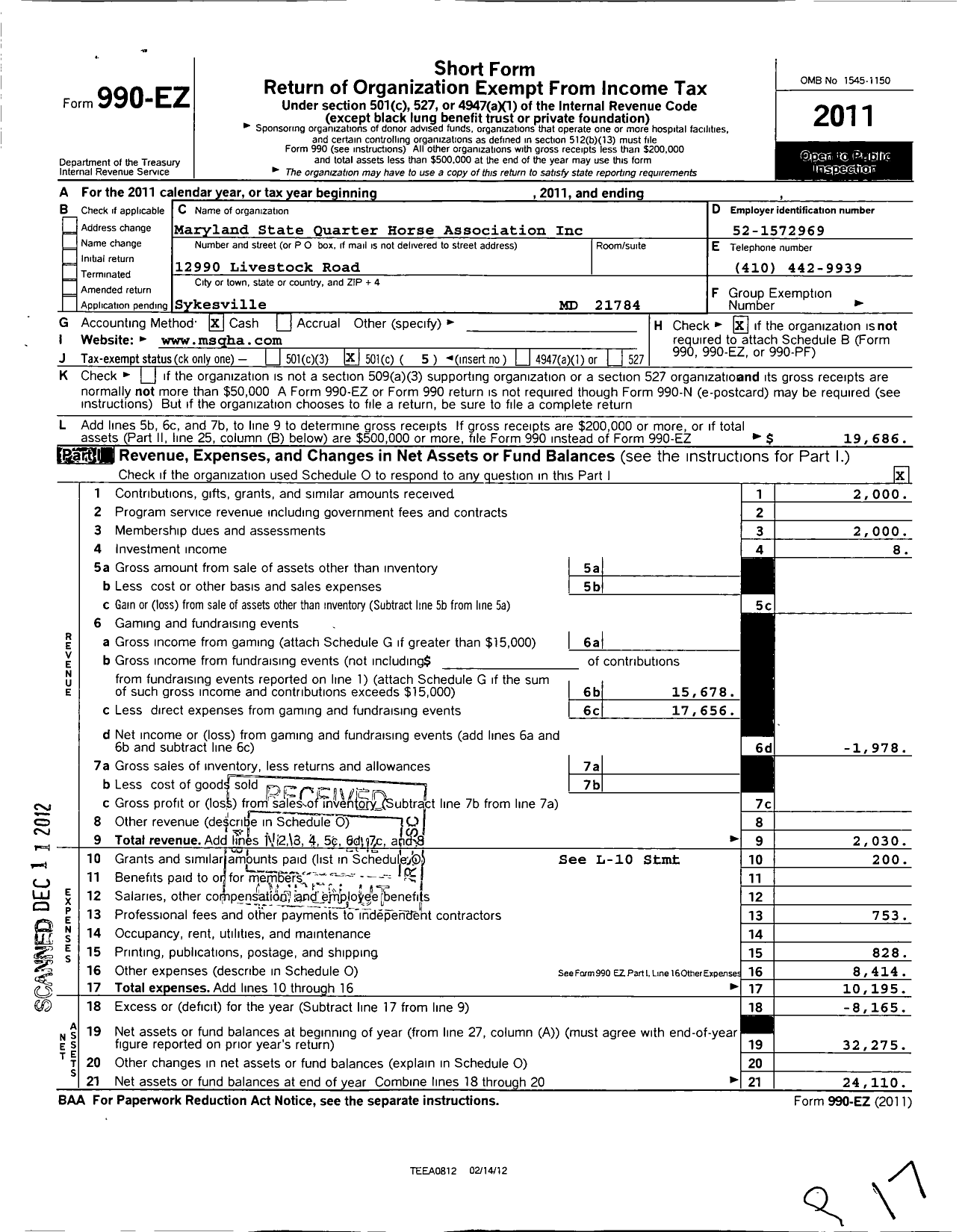 Image of first page of 2011 Form 990EO for Maryland State Quarter Horse Association