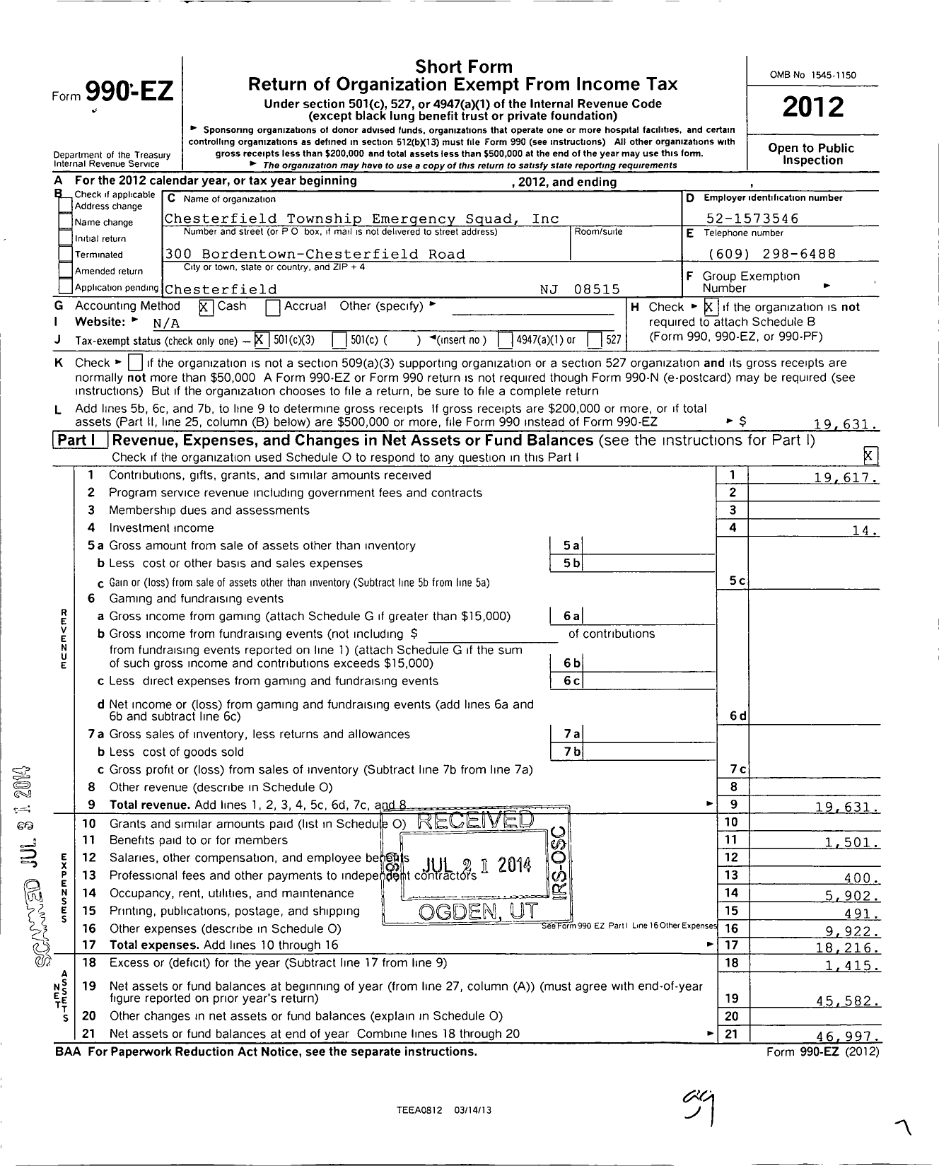 Image of first page of 2012 Form 990EZ for Chesterfield Township Emergency Squad