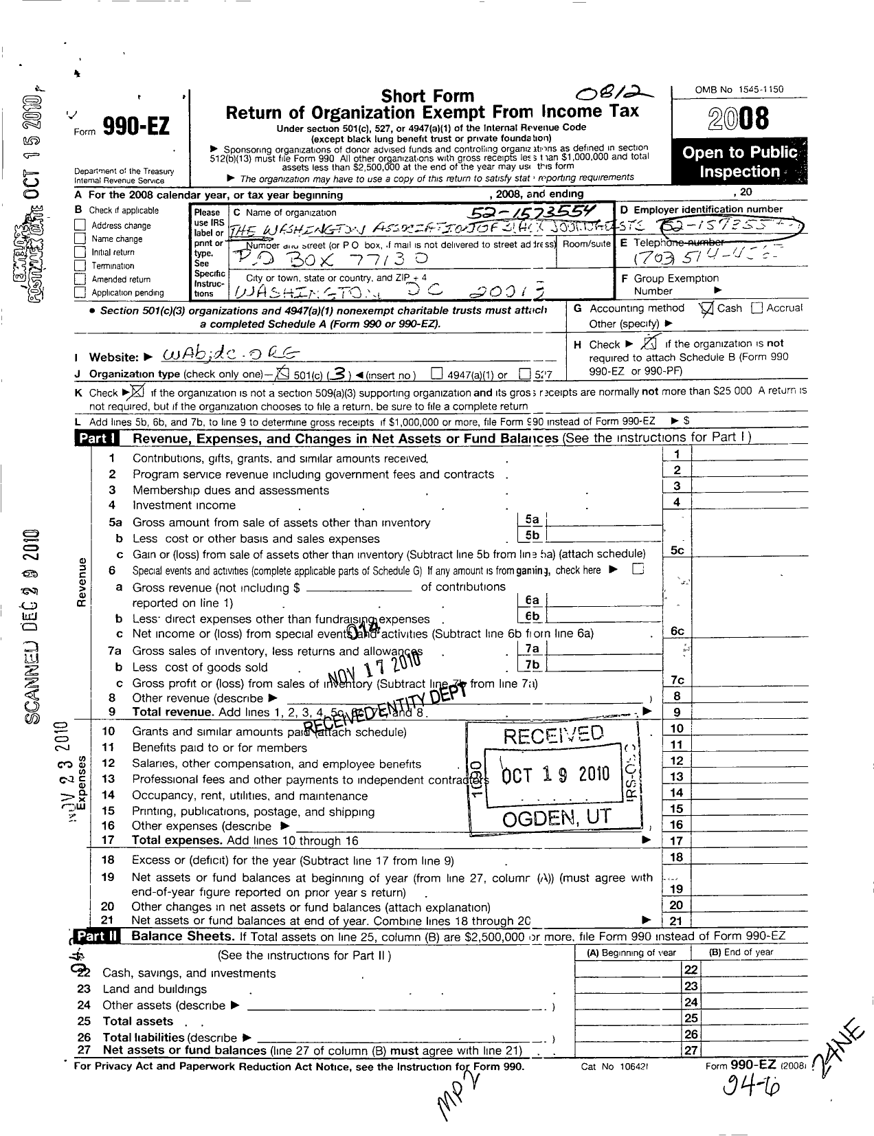 Image of first page of 2008 Form 990EZ for The Washington Association of Black Journalists