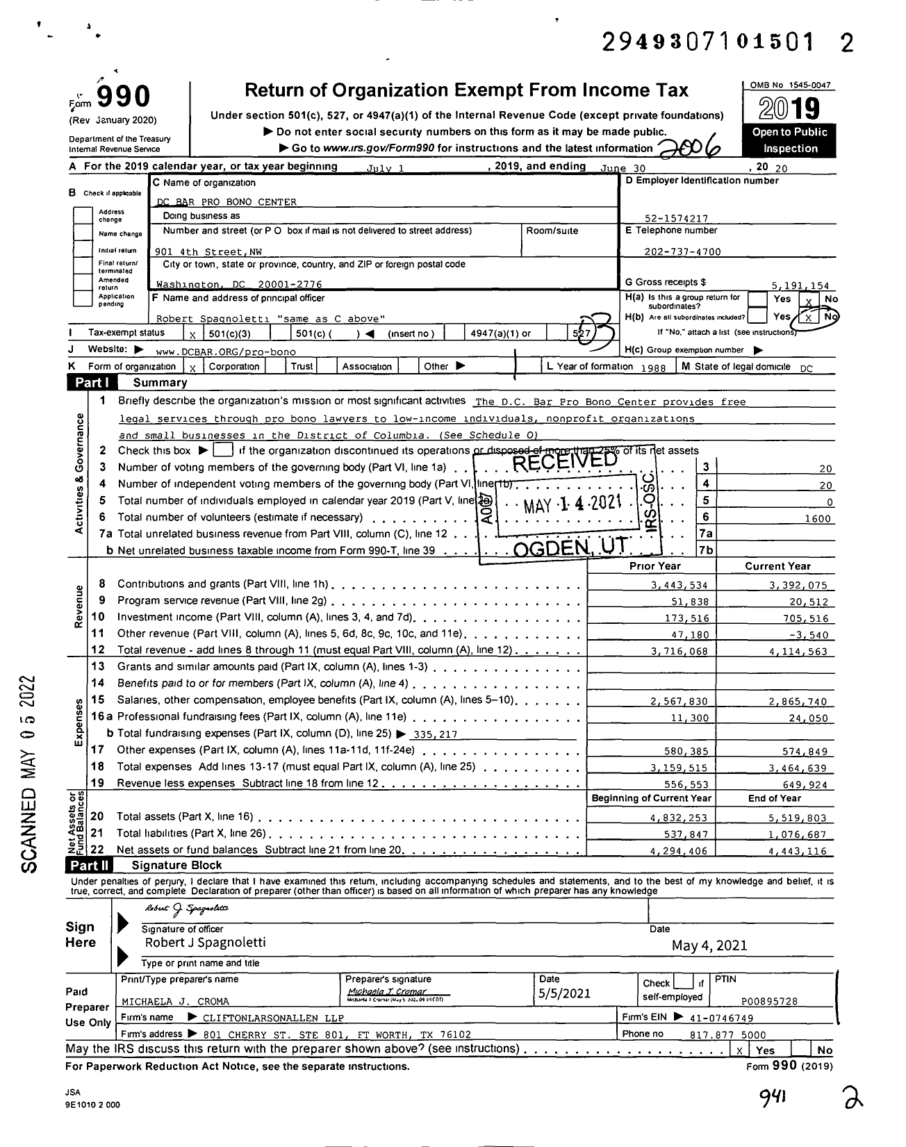 Image of first page of 2019 Form 990 for DC Bar Pro Bono Center