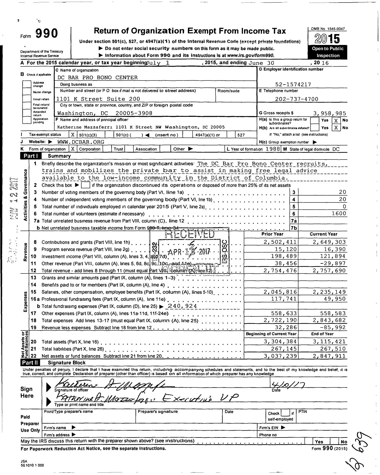 Image of first page of 2015 Form 990 for DC Bar Pro Bono Center