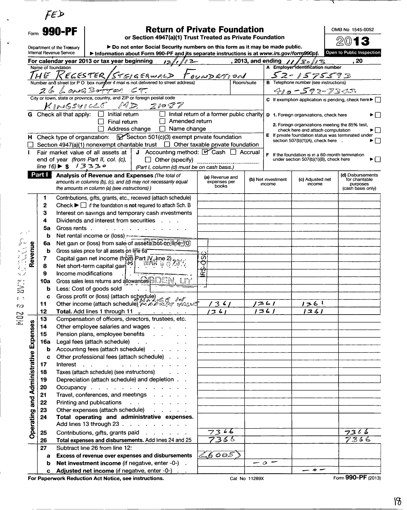 Image of first page of 2012 Form 990PF for Register Steigerwald Foundation