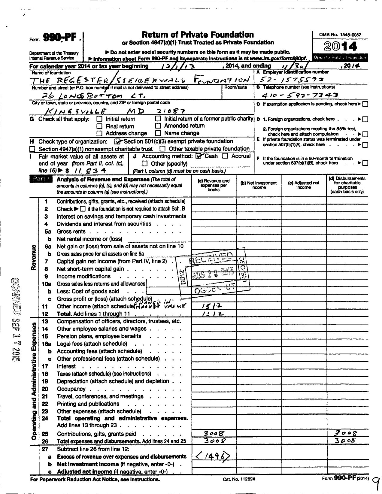 Image of first page of 2013 Form 990PF for Register Steigerwald Foundation