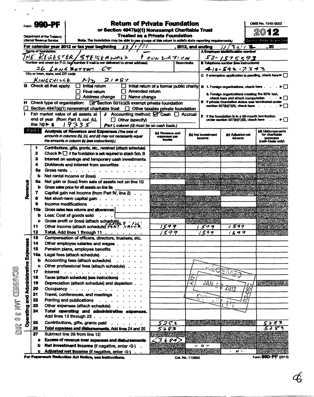 Image of first page of 2011 Form 990PF for Register Steigerwald Foundation