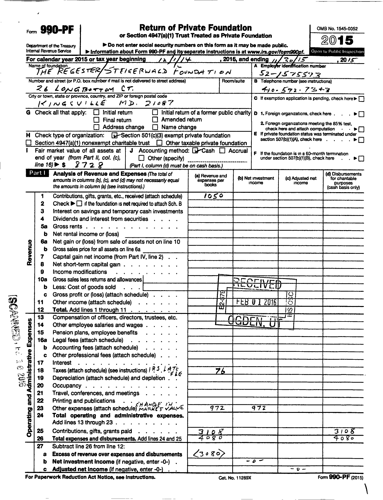 Image of first page of 2014 Form 990PF for Register Steigerwald Foundation