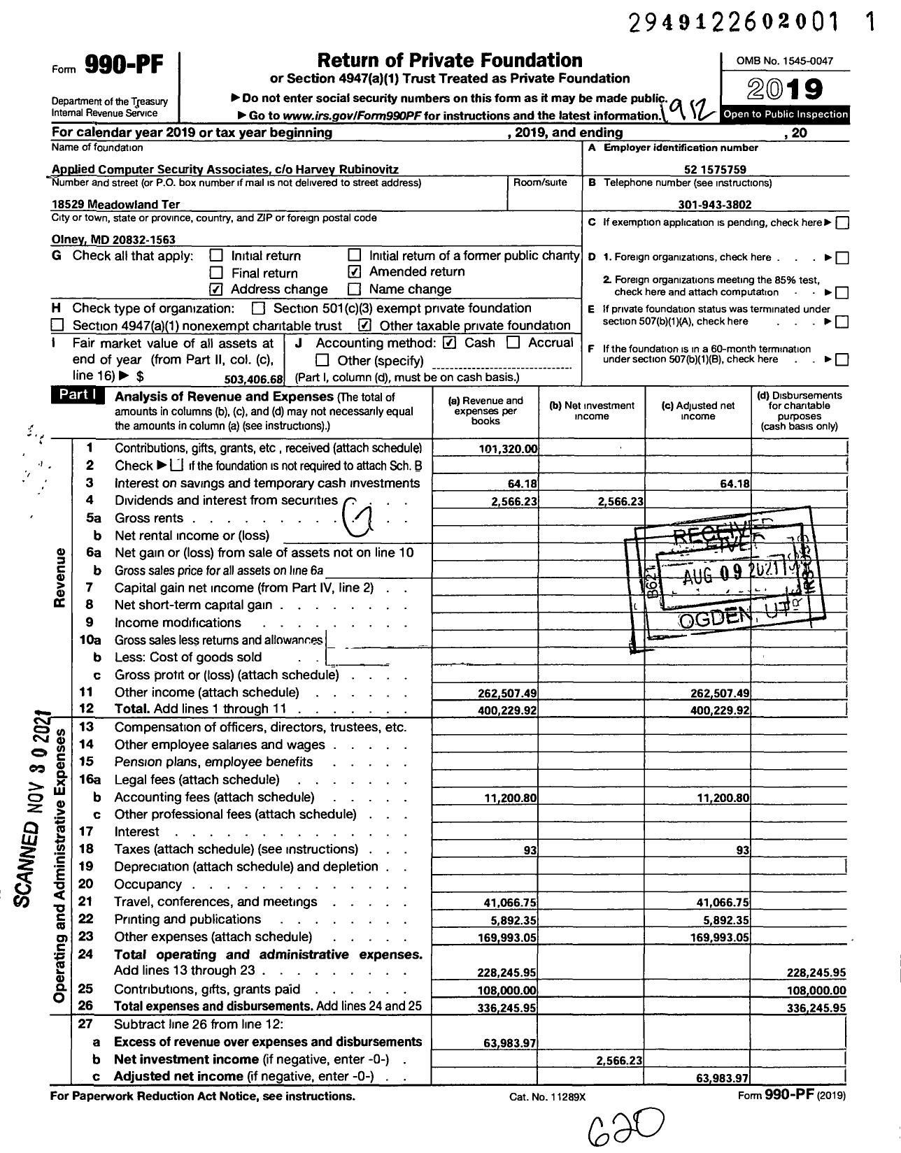 Image of first page of 2019 Form 990PF for Applied Computer Security Associates